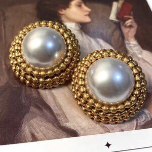 Vintage Gold Tone Faux Pearl Clip-On Earrings /No Piercing Statement Earrings